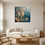 Coral Garden Seahorse Sea Life Wall Art Canvas Print styled in a refined neutral interior