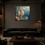 Coral Garden Seahorse Sea Life Wall Art Canvas Print shown in a warm modern interior