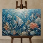 Coral Reef Angelfish Sea Life Wall Art Canvas Print displayed on a studio easel