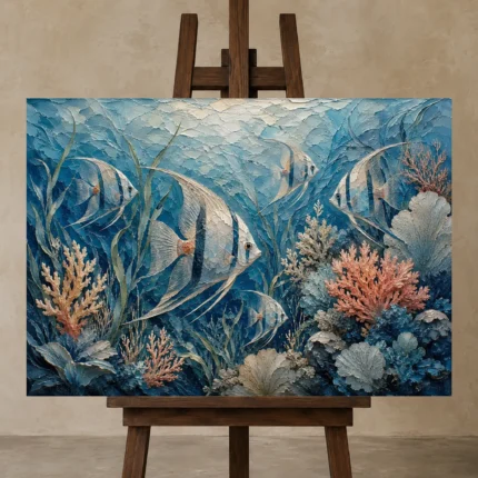 Coral Reef Angelfish Sea Life Wall Art Canvas Print shown in Studio Easel