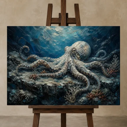 Seabed Octopus Sea Life Wall Art Canvas Print displayed on a studio easel