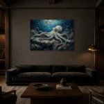 Seabed Octopus Sea Life Wall Art Canvas Print shown in a warm modern interior