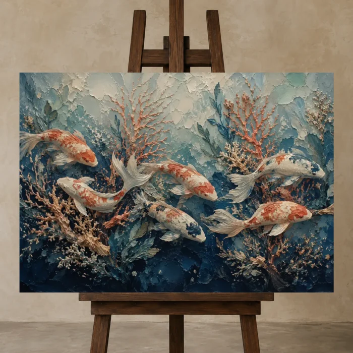 Coral Garden Koi Sea Life Wall Art Canvas Print displayed on a studio easel