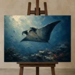 Manta Ray Sea Life Wall Art Canvas Print displayed on a studio easel