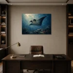 Manta Ray Sea Life Wall Art Canvas Print displayed in a contemporary gallery-inspired room