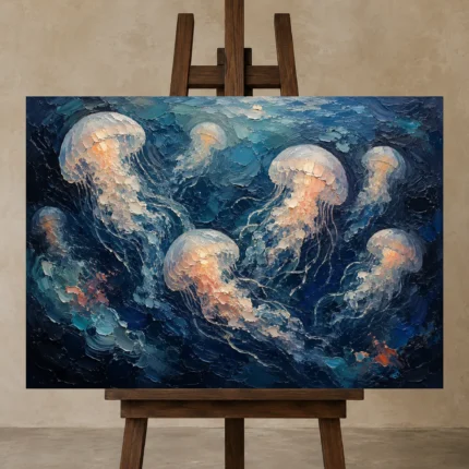 Drifting Jellyfish Sea Life Wall Art Canvas Print shown in Studio Easel