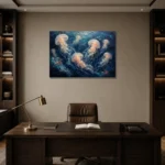 Drifting Jellyfish Sea Life Wall Art Canvas Print displayed in a contemporary gallery-inspired room