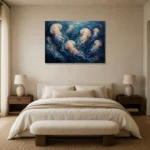 Drifting Jellyfish Sea Life Wall Art Canvas Print showcased in an elegant minimalist interior