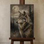Moonlit Wolf Wildlife Portrait Wall Art Canvas Print displayed on a studio easel