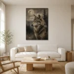 Moonlit Wolf Wildlife Portrait Wall Art Canvas Print styled in a refined neutral interior