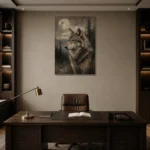 Moonlit Wolf Wildlife Portrait Wall Art Canvas Print displayed in a contemporary gallery-inspired room