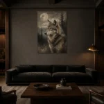 Moonlit Wolf Wildlife Portrait Wall Art Canvas Print shown in a warm modern interior