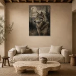 Moonlit Wolf Wildlife Portrait Wall Art Canvas Print presented in a sophisticated home setting