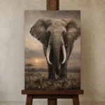 Sunset Elephant Wildlife Portrait Wall Art Canvas Print displayed on a studio easel