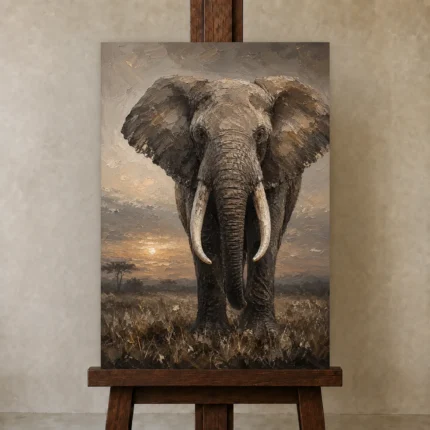 Sunset Elephant Wildlife Portrait Wall Art Canvas Print shown in Studio Easel