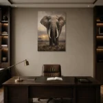 Sunset Elephant Wildlife Portrait Wall Art Canvas Print displayed in a contemporary gallery-inspired room