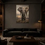 Sunset Elephant Wildlife Portrait Wall Art Canvas Print shown in a warm modern interior