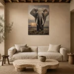 Sunset Elephant Wildlife Portrait Wall Art Canvas Print presented in a sophisticated home setting