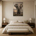 Sunset Elephant Wildlife Portrait Wall Art Canvas Print showcased in an elegant minimalist interior