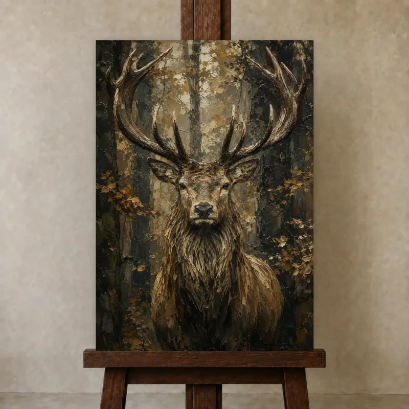 Majestic Stag Wildlife Portrait Wall Art Canvas Print shown in Studio Easel