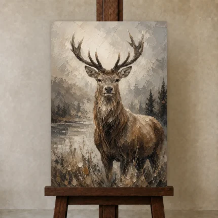 Lakeside Stag Wildlife Portrait Wall Art Canvas Print shown in Studio Easel