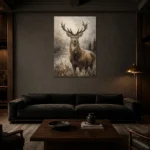 Lakeside Stag Wildlife Portrait Wall Art Canvas Print shown in a warm modern interior