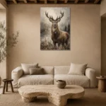 Lakeside Stag Wildlife Portrait Wall Art Canvas Print presented in a sophisticated home setting