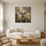 Neutral Stag Wildlife Portrait Wall Art Canvas Print styled in a refined neutral interior