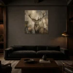 Neutral Stag Wildlife Portrait Wall Art Canvas Print shown in a warm modern interior
