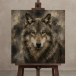 Neutral Wolf Wildlife Portrait Wall Art Canvas Print displayed on a studio easel