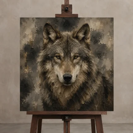 Neutral Wolf Wildlife Portrait Wall Art Canvas Print displayed on a studio easel