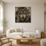 Neutral Wolf Wildlife Portrait Wall Art Canvas Print styled in a refined neutral interior