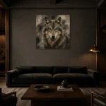Neutral Wolf Wildlife Portrait Wall Art Canvas Print shown in a warm modern interior