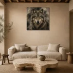 Neutral Wolf Wildlife Portrait Wall Art Canvas Print presented in a sophisticated home setting