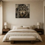 Neutral Wolf Wildlife Portrait Wall Art Canvas Print showcased in an elegant minimalist interior