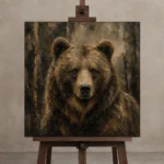 Woodland Bear Wildlife Portrait Wall Art Canvas Print displayed on a studio easel