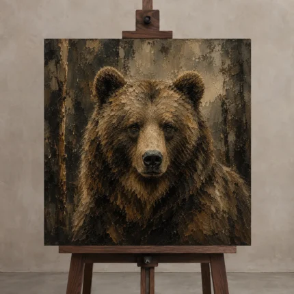 Woodland Bear Wildlife Portrait Wall Art Canvas Print displayed on a studio easel