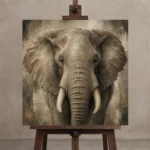 Neutral Elephant Wildlife Portrait Wall Art Canvas Print displayed on a studio easel