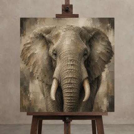 Neutral Elephant Wildlife Portrait Wall Art Canvas Print displayed on a studio easel