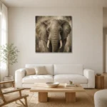 Neutral Elephant Wildlife Portrait Wall Art Canvas Print styled in a refined neutral interior