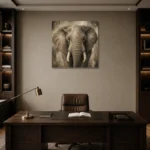 Neutral Elephant Wildlife Portrait Wall Art Canvas Print displayed in a contemporary gallery-inspired room