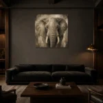 Neutral Elephant Wildlife Portrait Wall Art Canvas Print shown in a warm modern interior