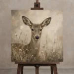 Soft Doe Wildlife Portrait Wall Art Canvas Print displayed on a studio easel