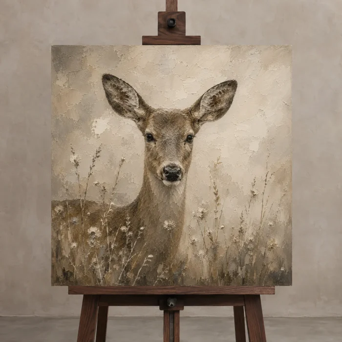 Soft Doe Wildlife Portrait Wall Art Canvas Print displayed on a studio easel