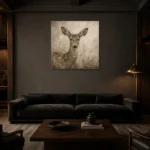 Soft Doe Wildlife Portrait Wall Art Canvas Print shown in a warm modern interior