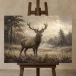 Misty Valley Stag Wildlife Portrait Wall Art Canvas Print displayed on a studio easel