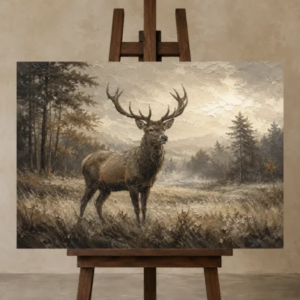 Misty Valley Stag Wildlife Portrait Wall Art Canvas Print displayed on a studio easel
