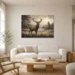 Misty Valley Stag Wildlife Portrait Wall Art Canvas Print styled in a refined neutral interior