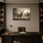 Misty Valley Stag Wildlife Portrait Wall Art Canvas Print displayed in a contemporary gallery-inspired room