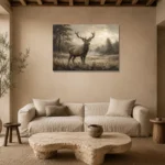 Misty Valley Stag Wildlife Portrait Wall Art Canvas Print presented in a sophisticated home setting